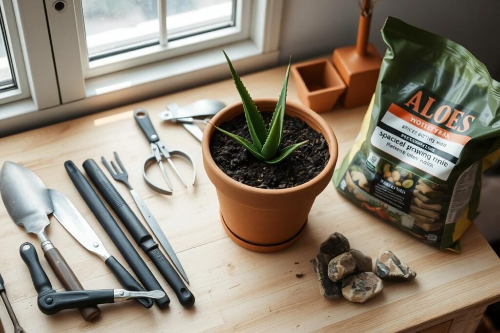 A neatly organized gardening workbench, illuminated by soft natural light filtering through a window. On the surface, various gardening tools are carefully arranged - trowels, pruning shears, and a small rake. In the center, a large terracotta pot filled with rich, dark soil sits ready to receive a young aloe vera plant. Alongside the pot, a bag of specialized potting mix and a few river stones are placed, hinting at the careful preparation of the perfect growing substrate. The overall scene conveys a sense of focused attention and attention to detail, setting the stage for the successful cultivation of the aloe vera.