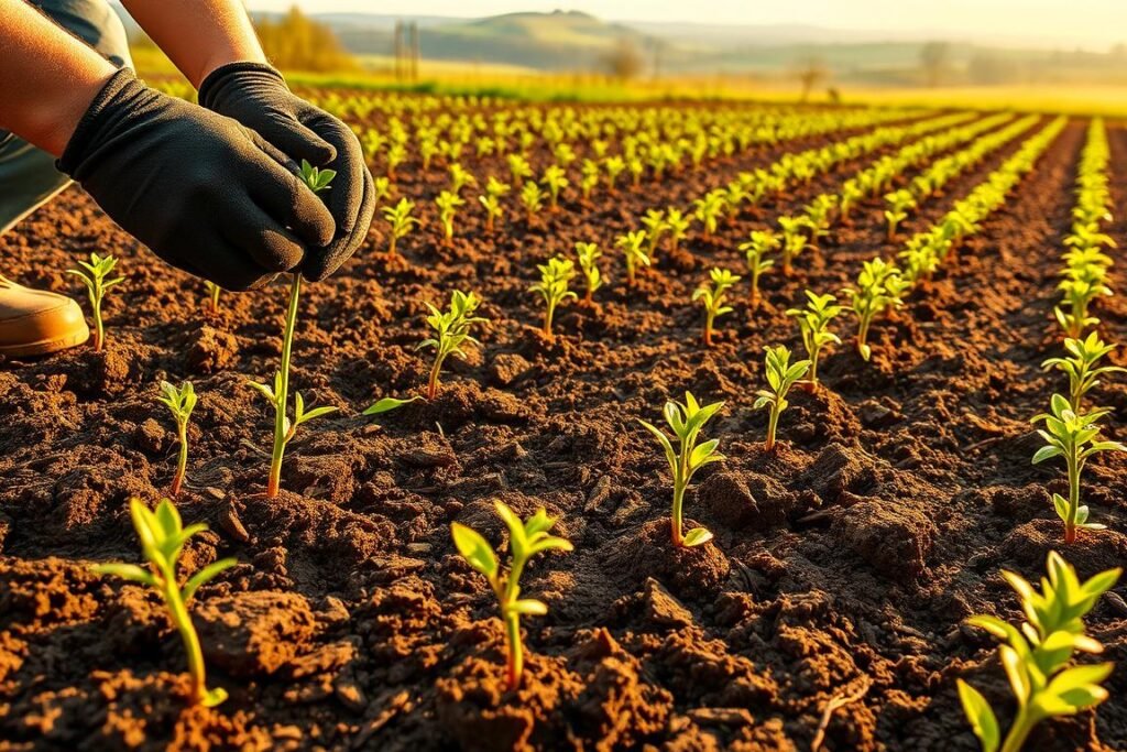 A neatly tilled garden bed, the soil rich and loamy, with rows of delicate carnation seedlings gently protruding from the earth. The scene is bathed in warm, golden afternoon light, casting soft shadows across the verdant foliage. In the foreground, a gardener's gloved hands carefully place each seedling, their movements precise and deliberate, ensuring the plants are spaced evenly and their roots are firmly planted. The middle ground showcases the orderly rows of carnations, their vibrant petals just beginning to unfurl, while the background features a tranquil, rural landscape, complete with rolling hills and a distant, hazy horizon.