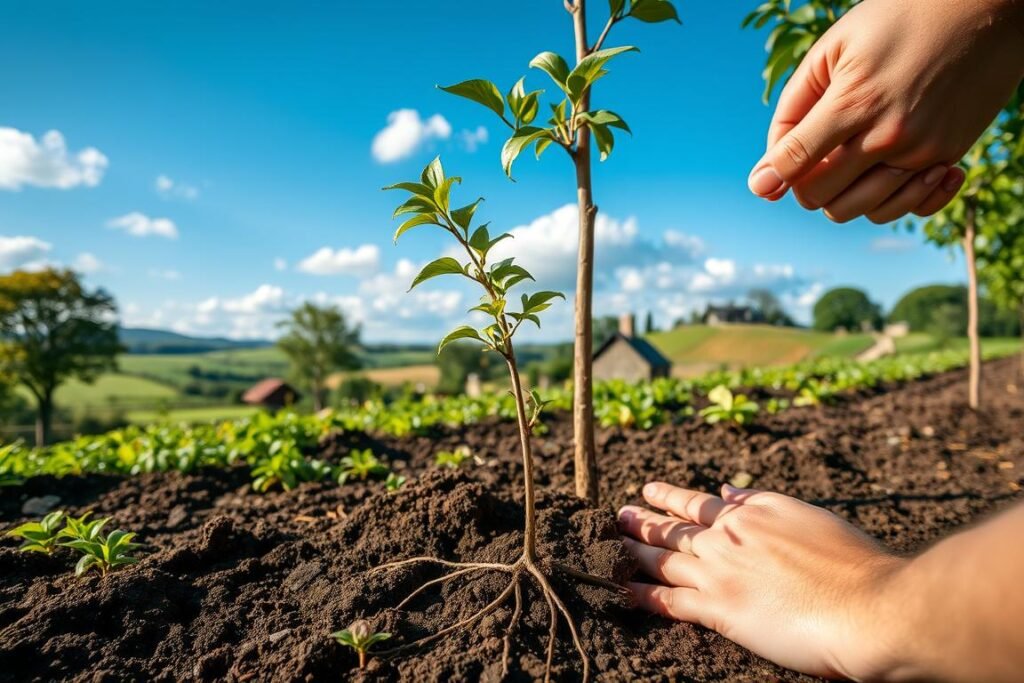 A peaceful, sun-dappled scene of a peach tree being carefully planted in a fertile garden. In the foreground, a gardener's hands gently position the sapling, its delicate roots spread out in the rich, dark soil. The middle ground features lush, verdant foliage and the slender trunk of the young tree, swaying gently in a light breeze. In the background, a picturesque rural landscape unfolds, with rolling hills, a distant farmhouse, and a clear blue sky overhead, dotted with fluffy white clouds. The lighting is soft and natural, creating a serene, idyllic atmosphere. Captured with a wide-angle lens to showcase the full scene, this image perfectly illustrates the step-by-step process of planting a peach tree.