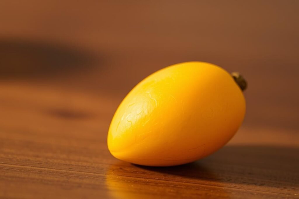 A ripe, golden mango seed resting atop a wooden surface, illuminated by warm, natural lighting. The seed's smooth, elongated shape is captured in intricate detail, with its distinct ridges and slight curve visible. The background is blurred, placing the seed as the focal point, conveying a sense of simplicity and focus. The image reflects the preparatory stage of planting a mango, showcasing the essential first step in the process of growing this tropical fruit.