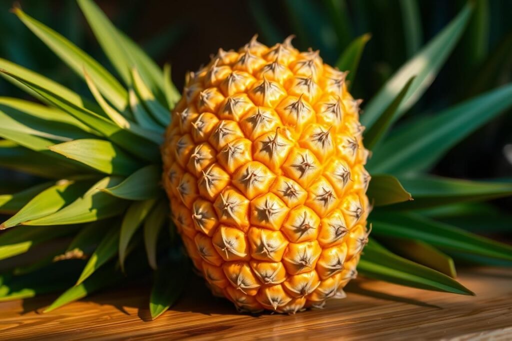 A ripe, golden pineapple rests on a wooden table, surrounded by lush, verdant leaves. Soft, directional lighting from the side casts warm shadows, highlighting the pineapple's distinct ridges and vibrant color. The background is slightly blurred, creating a sense of depth and focus on the central subject. The pineapple appears tactile, with a subtle sheen that suggests its juicy, sweet interior. The overall scene conveys a sense of careful selection, showcasing the ideal pineapple specimen for planting.