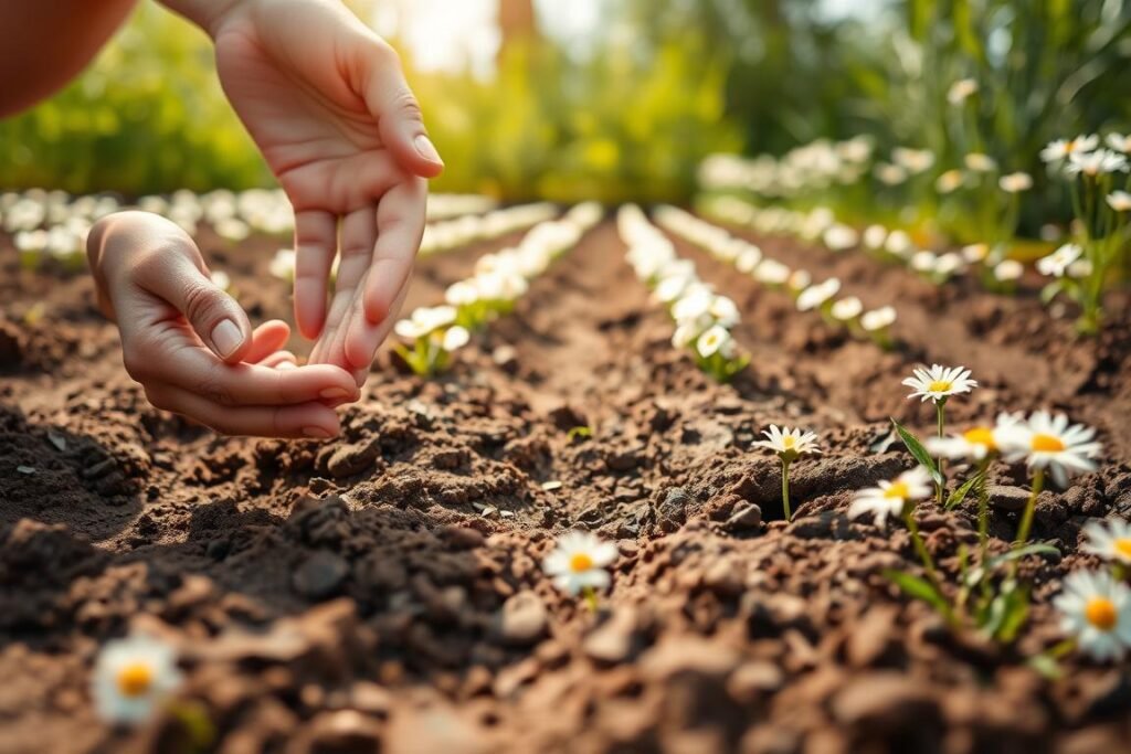 A serene garden scene, sunlight dappling the soil as delicate hands scatter white daisy seeds. The foreground is alive with the gentle motion of sowing, each seed tenderly placed in the rich earth. In the middle ground, neatly tilled rows await the soon-to-be-blooming blossoms, their vibrant petals a promise of spring's arrival. The background frames the scene with a lush, verdant backdrop, hinting at the bounty to come. Soft, diffused lighting lends an ethereal quality, while a shallow depth of field keeps the focus on the intentional act of planting. This tranquil tableau captures the essence of the step-by-step process of growing these cheerful flowers.