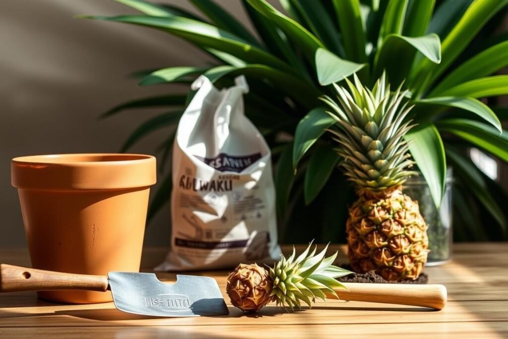 A still life arrangement of the essential materials for planting a pineapple, captured under soft, natural lighting from the side. In the foreground, a terracotta planter, a trowel, and a small pineapple top resting on a wooden surface. In the middle ground, a bag of potting soil and a watering can. In the background, a lush, green plant with broad leaves, creating a tranquil, earthy atmosphere. The composition emphasizes the simplicity and practicality of the items needed to begin the process of growing a pineapple at home.