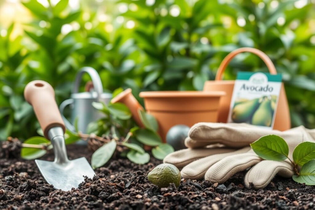 A still life arrangement showcasing the materials needed for planting an avocado tree. In the foreground, a trowel, gardening gloves, and a small avocado seed resting on a dark, rich soil. In the middle ground, a terracotta planter, a watering can, and a packet of avocado tree seeds. The background features lush, verdant foliage, creating a tranquil, natural setting. The lighting is soft and diffused, highlighting the earthy tones and textures of the various elements. The overall mood is one of anticipation and preparation, setting the stage for the step-by-step process of growing an avocado tree. A still life arrangement showcasing the materials needed for planting an avocado tree. In the foreground, a trowel, gardening gloves, and a small avocado seed resting on a dark, rich soil. In the middle ground, a terracotta planter, a watering can, and a packet of avocado tree seeds. The background features lush, verdant foliage, creating a tranquil, natural setting. The lighting is soft and diffused, highlighting the earthy tones and textures of the various elements. The overall mood is one of anticipation and preparation, setting the stage for the step-by-step process of growing an avocado tree.