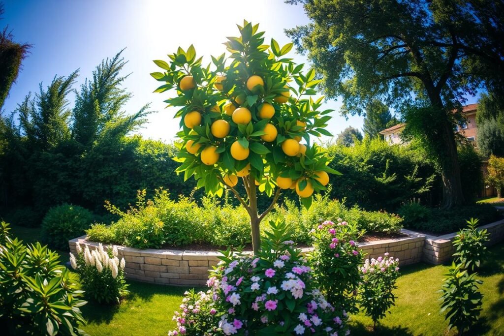 A sunny garden with a thriving lemon tree at its center. The tree stands tall, its vibrant green leaves glistening in the warm sunlight. Lush, fragrant flowers bloom around the base, creating a colorful and inviting scene. In the background, a low stone wall and verdant shrubbery frame the tranquil setting. The image is captured with a wide-angle lens, providing a panoramic view that showcases the tree's prominence and the garden's picturesque beauty. The overall mood is one of serenity and natural abundance, perfectly suited to illustrate the ideal location for planting a lemon tree.