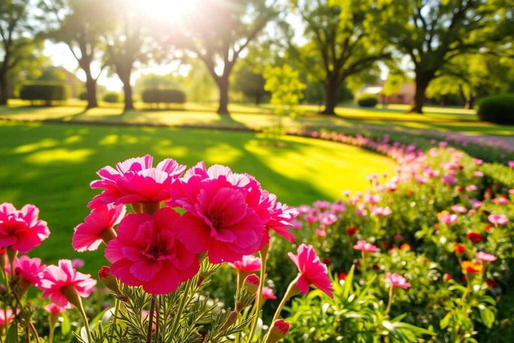 A vibrant garden scene bathed in warm, golden sunlight. In the foreground, a cluster of lush, velvety carnations in shades of pink and red sway gently in a light breeze. The middle ground showcases a verdant lawn dotted with blooming flowers, creating a picturesque tapestry. In the background, a row of mature trees frames the scene, their leaves casting delicate shadows on the ground. The overall atmosphere evokes a sense of tranquility and the perfect time to plant these beloved flowers.