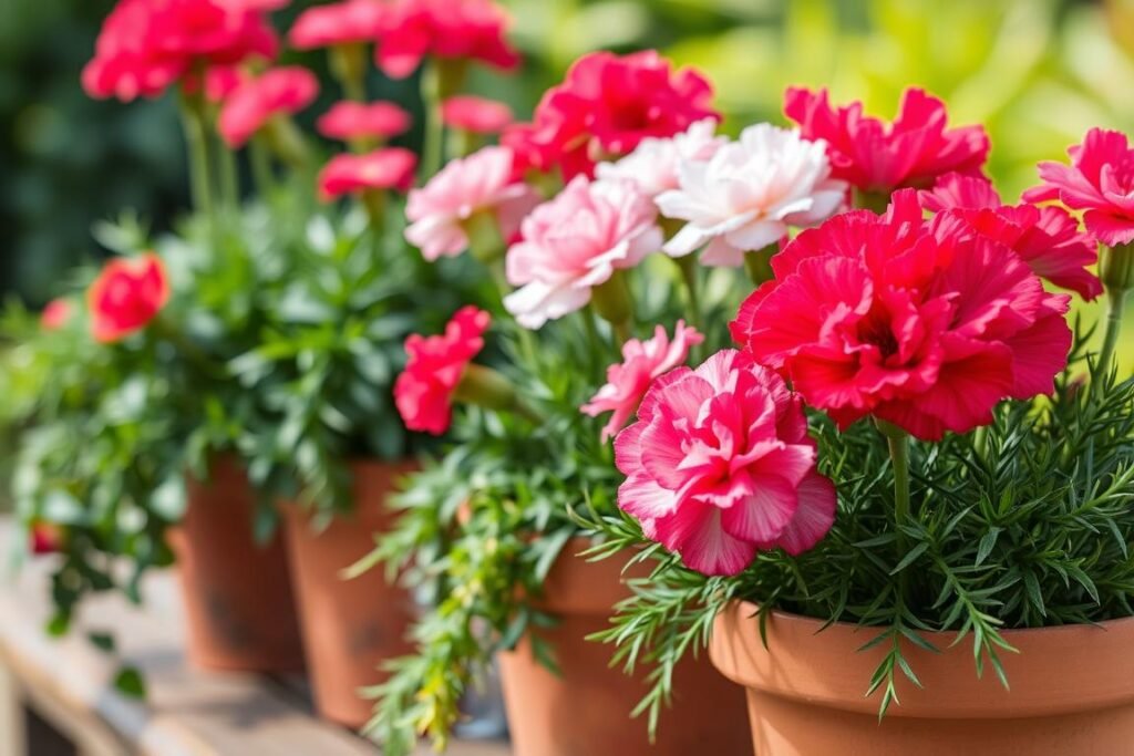 A vibrant, natural-lit close-up of potted carnation plants (Dianthus caryophyllus) in full bloom, arranged on a wooden garden table or bench. The foreground features the lush, green foliage and vivid, ruffled petals in a variety of pink, red, and white hues. The middle ground showcases the terracotta pots or planters, with their textured surfaces and earthy tones. The background gently blurs into a softly-lit, verdant outdoor setting, hinting at a tranquil garden or patio. The overall composition emphasizes the beauty, delicacy, and cultivation of these classic, fragrant flowers.
