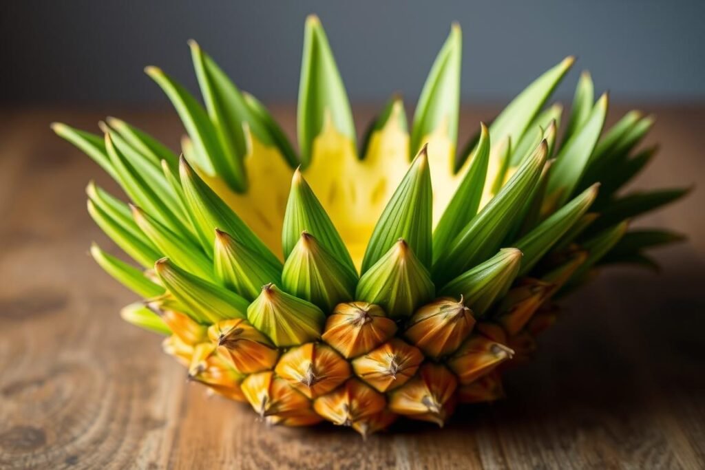 A vibrant, natural-looking pineapple crown being carefully prepared on a wooden surface. The crown's green, lush leaves are arranged in an orderly, symmetrical manner, their tips just starting to curl. The lighting is soft and diffused, creating subtle shadows that add depth and dimension. The background is blurred, keeping the focus on the intricate details of the crown's structure. The overall scene conveys a sense of care, precision, and the beginning stages of a pineapple growing process.