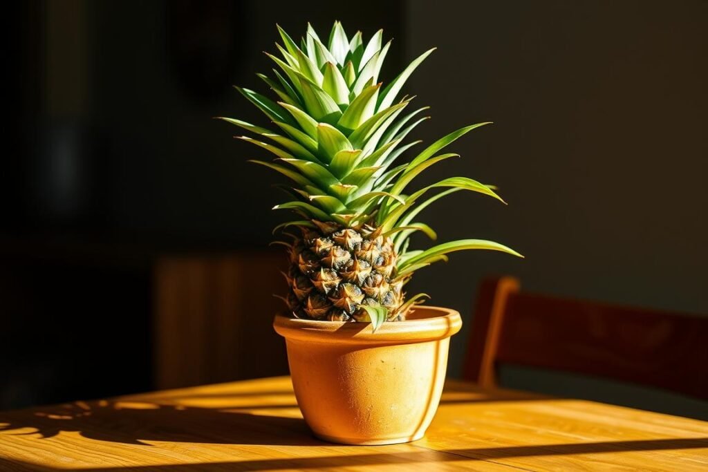 A vibrant pineapple plant thriving in a rustic terracotta pot, sitting on a wooden table illuminated by soft, natural lighting. The pineapple leaves are a lush, verdant green, contrasting beautifully with the warm, earthy tones of the terracotta and wood. The pot is slightly elevated, showcasing the plant's strong, sturdy stem and the intricate, overlapping foliage. The overall scene evokes a sense of tranquility and the joy of nurturing a thriving, homegrown pineapple in a cozy, domestic setting.
