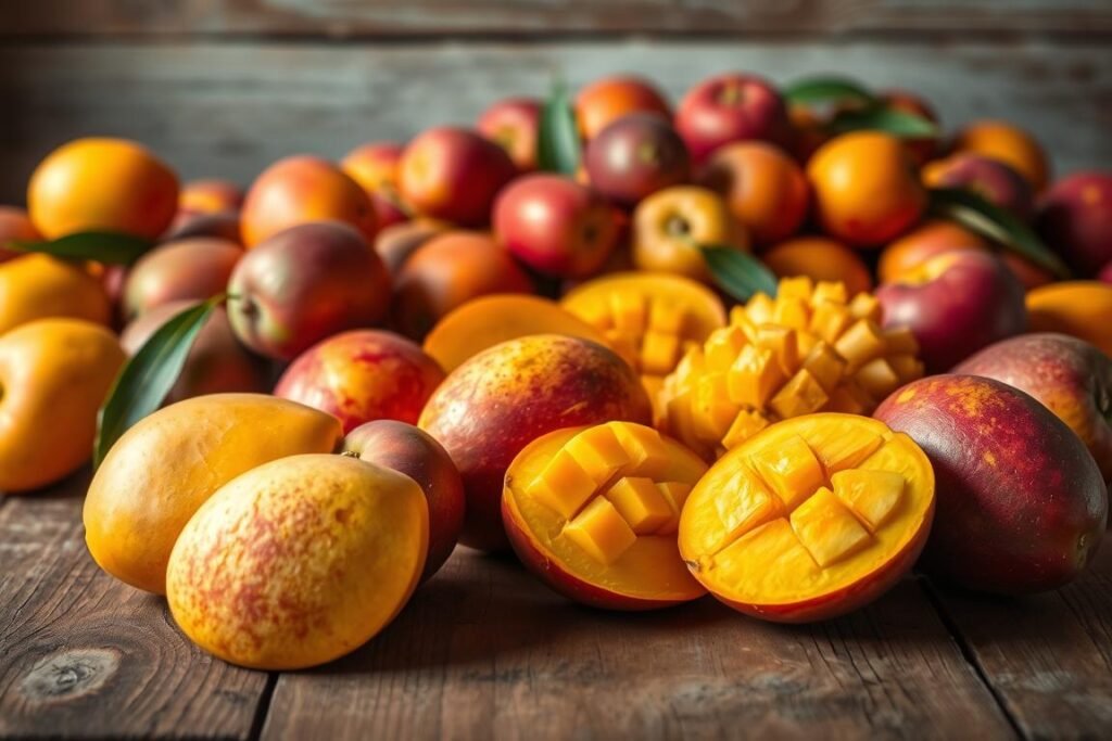 A vibrant still life showcasing a diverse array of mango varieties, arranged with careful artistry on a rustic wooden surface. In the foreground, ripe mangoes in shades of golden yellow, blushing orange, and deep crimson beckon, their luscious textures and juicy flesh enticing the viewer. In the middle ground, sliced mangoes reveal their vibrant, fibrous interiors, while in the background, whole mangoes in various stages of ripeness create a visually captivating tableau. Soft, natural lighting casts a warm, inviting glow, highlighting the mangoes' alluring hues and velvety skin. The overall composition conveys the abundance and diversity of this beloved tropical fruit, evoking a sense of sensory delight.