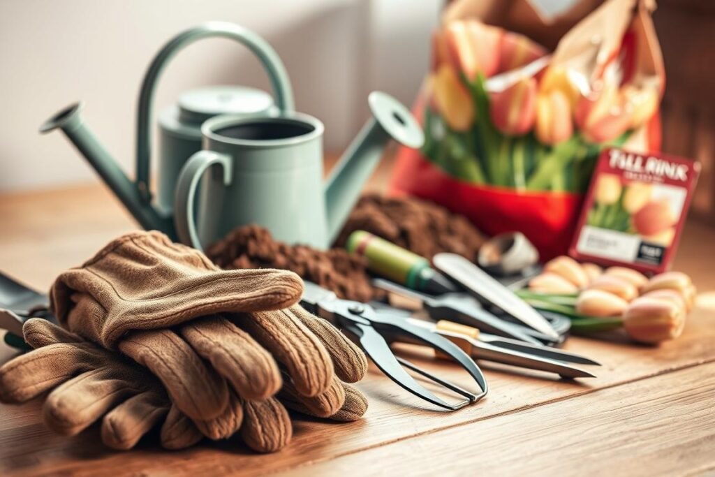 A well-lit, close-up shot of an assortment of classic gardening tools neatly arranged on a wooden surface. In the foreground, a pair of sturdy gardening gloves, a small trowel, and a hand cultivator. In the middle ground, a watering can, a pair of pruning shears, and a small gardening fork. In the background, a bag of potting soil, a small garden spade, and a packet of tulip bulbs. The lighting is soft and natural, creating a warm, inviting atmosphere. The composition emphasizes the essential tools needed for planting tulips, conveying a sense of thoughtful preparation and care.