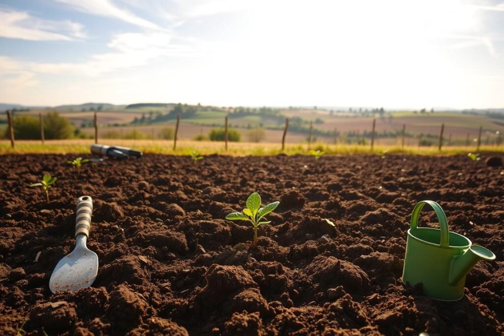 A well-tilled and meticulously prepared garden bed, the soil turned and loosened, ready to receive the delicate margarita seedlings. Sunlight filters through wispy clouds, casting a warm, golden glow over the scene. In the foreground, gardening tools - a trowel, a small rake, and a watering can - stand at the ready, awaiting the planting process. The middle ground showcases the rich, dark earth, freshly aerated and devoid of weeds, a blank canvas for the vibrant margarita blooms to come. In the background, a picturesque rural landscape unfolds, with rolling hills and a distant horizon line, setting the stage for this peaceful gardening scene.