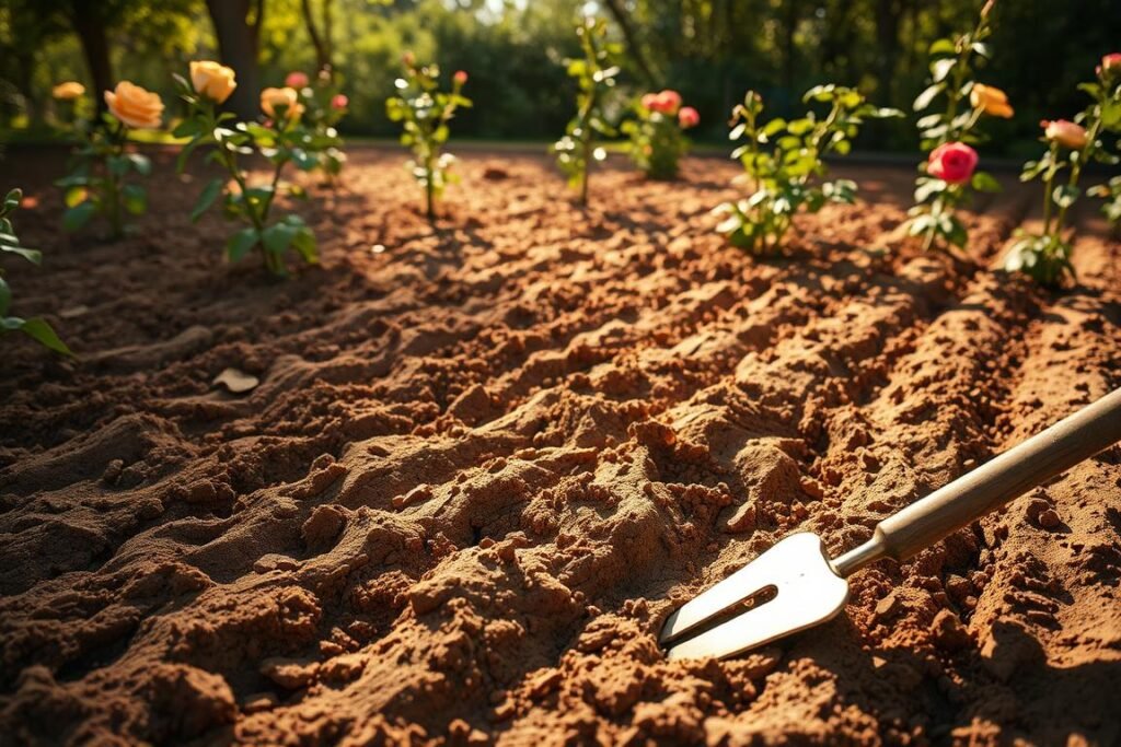 A well-tilled garden bed, the earth freshly turned and crumbled, ready to welcome the delicate roots of vibrant rose bushes. Sunlight filters through the trees, casting a warm, golden glow over the scene. Soft, loamy soil is carefully raked, creating furrows and mounds, providing the ideal conditions for the roses to thrive. The air is filled with the earthy scent of the prepared soil, a promise of the blooms to come. A hand-held cultivator lies nearby, a testament to the care and attention given to this vital first step in the rose-planting process. The overall atmosphere exudes a sense of anticipation and horticultural harmony, setting the stage for the flourishing of these elegant, fragrant flowers.