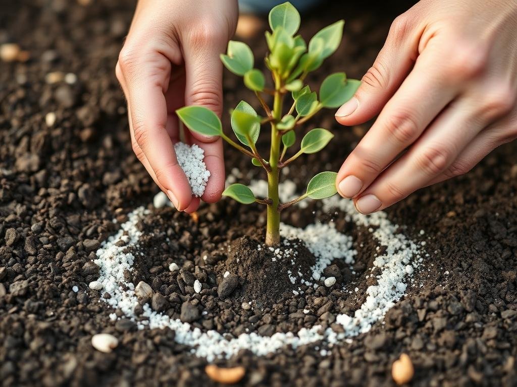 Aplicación de fertilizante alrededor de un eucalipto recién plantado Aplicación de fertilizante alrededor de un eucalipto recién plantado