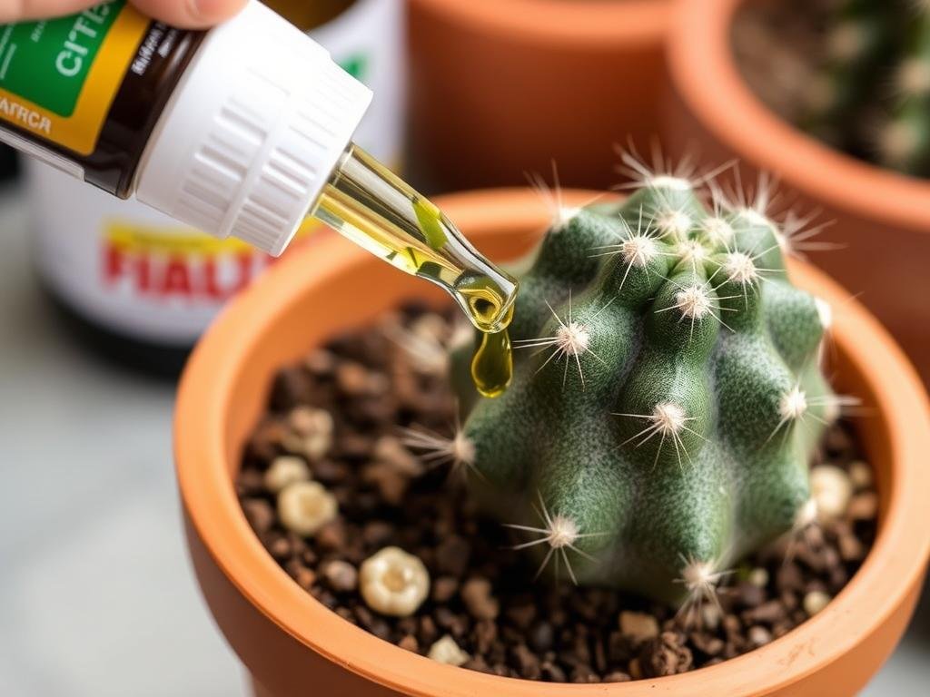 Aplicación de fertilizante específico para cactus con un gotero cerca de la base de la planta Aplicación de fertilizante específico para cactus con un gotero cerca de la base de la planta