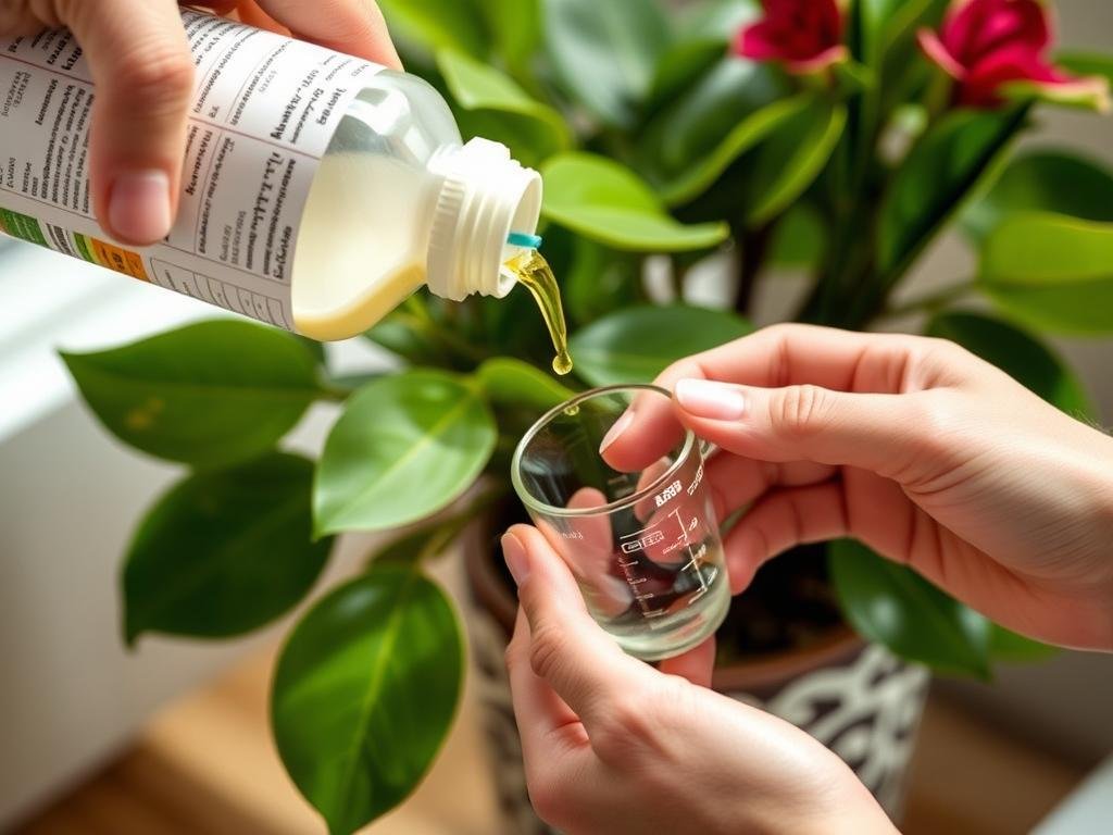 Aplicación de fertilizante líquido a un ficus Aplicación de fertilizante líquido a un ficus