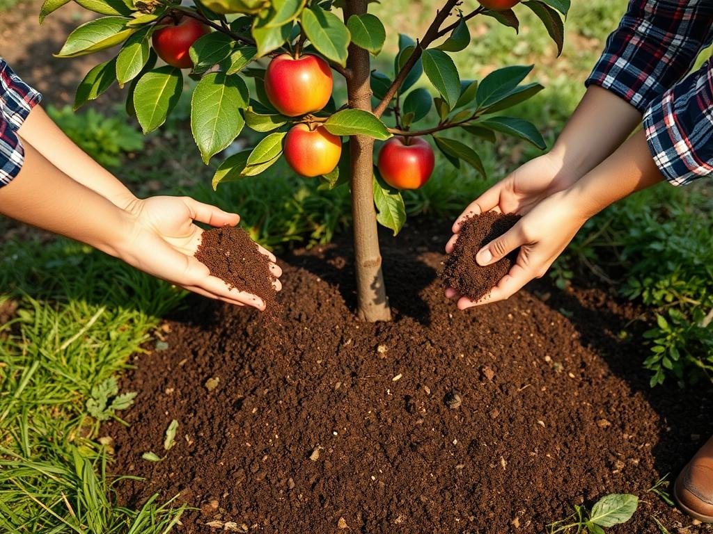 Aplicación de fertilizante orgánico alrededor de un manzano Aplicación de fertilizante orgánico alrededor de un manzano