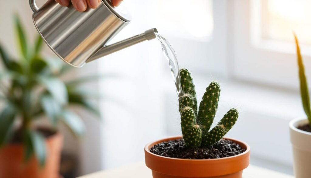 Cactus recién plantado recibiendo cuidados: riego ligero con regadera de boca estrecha Cactus recién plantado recibiendo cuidados: riego ligero con regadera de boca estrecha