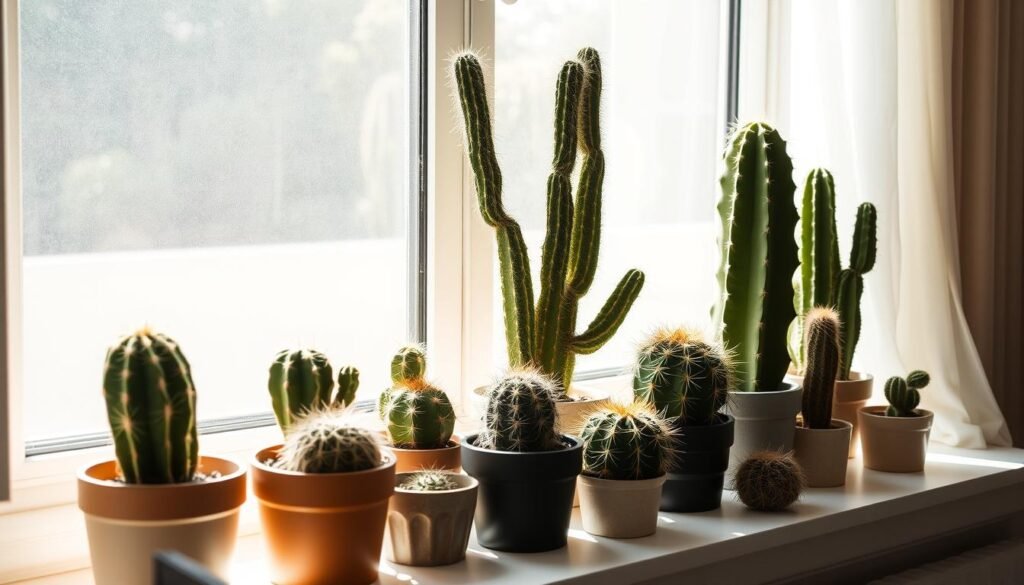 Cactus ubicados estratégicamente en un alféizar soleado mostrando la exposición ideal a la luz Cactus ubicados estratégicamente en un alféizar soleado mostrando la exposición ideal a la luz