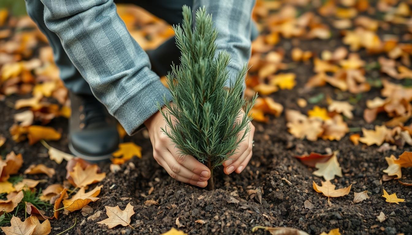 Ciprés siendo plantado en otoño, la mejor época para plantar un ciprés