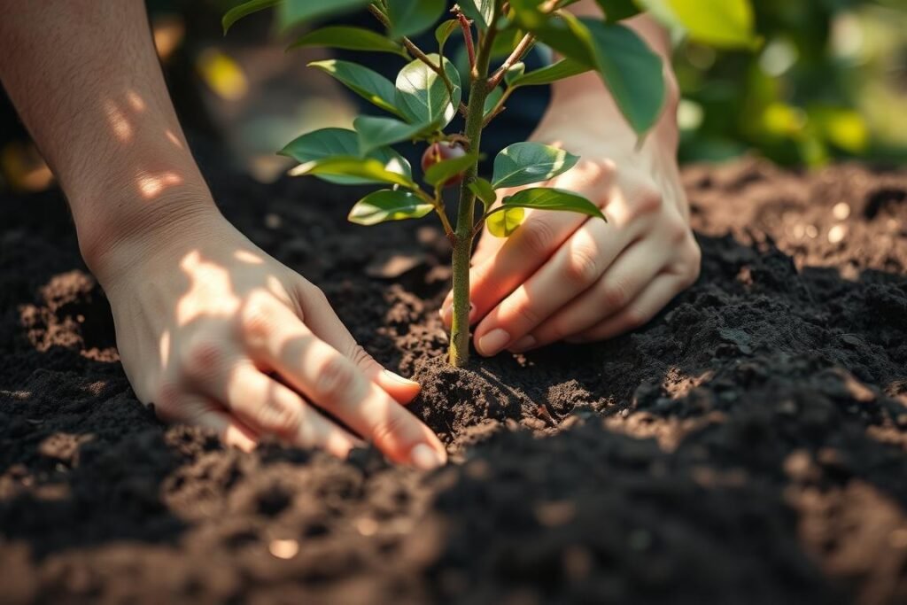 Colocación correcta en el hoyo: A close-up shot of a person's hands carefully planting a cherry sapling in a freshly dug hole. The soil is dark and loamy, reflecting the warm natural lighting that filters through the surrounding lush foliage. Soft shadows cast by the leaves create a gentle, serene atmosphere. The sapling's delicate roots are being gently nestled into the soil, with the person's fingers tenderly packing the earth around the base to ensure a secure, stable planting. The focus is on the intricate, mindful process of properly placing the young tree, showcasing the importance of this critical step in the cherry planting journey.