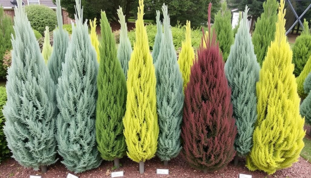 Comparación de diferentes variedades de ciprés en un jardín