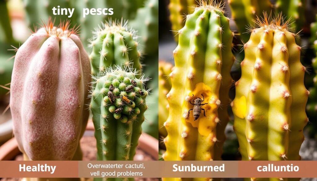 Comparación visual de cactus saludables y cactus con problemas comunes como pudrición y plagas Comparación visual de cactus saludables y cactus con problemas comunes como pudrición y plagas