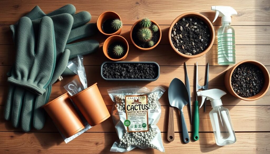 Conjunto de herramientas y materiales para plantar cactus, incluyendo guantes, macetas, tierra y pinzas Conjunto de herramientas y materiales para plantar cactus, incluyendo guantes, macetas, tierra y pinzas