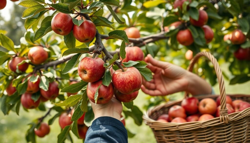 Cosecha de manzanas maduras de un árbol Cosecha de manzanas maduras de un árbol