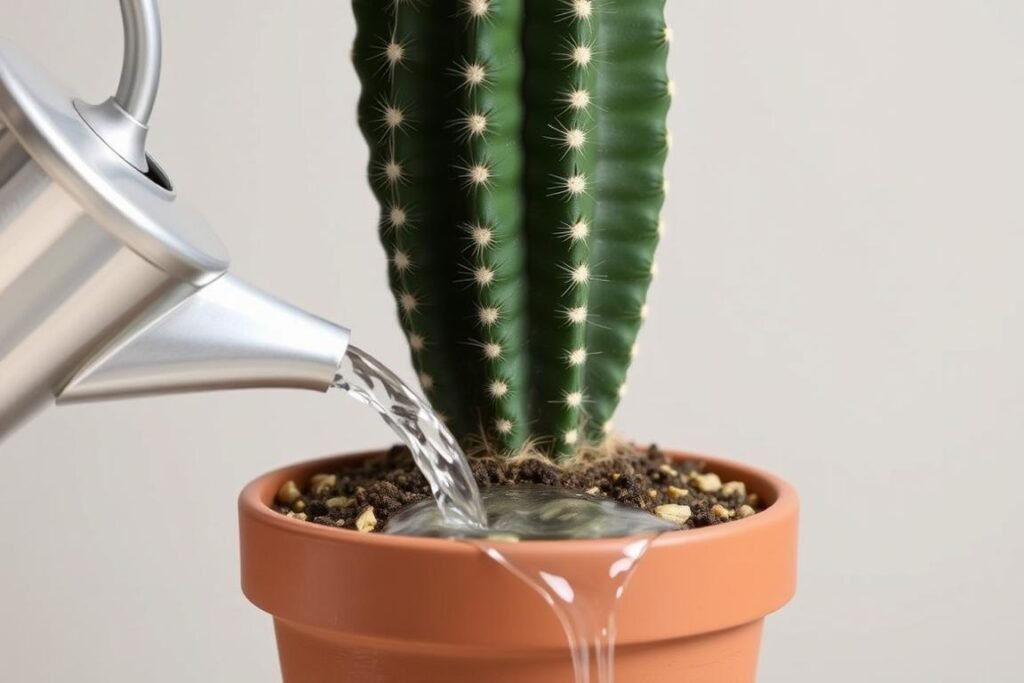 Demostración de la técnica correcta de riego para cactus, dirigiendo el agua al sustrato y no a la planta Demostración de la técnica correcta de riego para cactus, dirigiendo el agua al sustrato y no a la planta