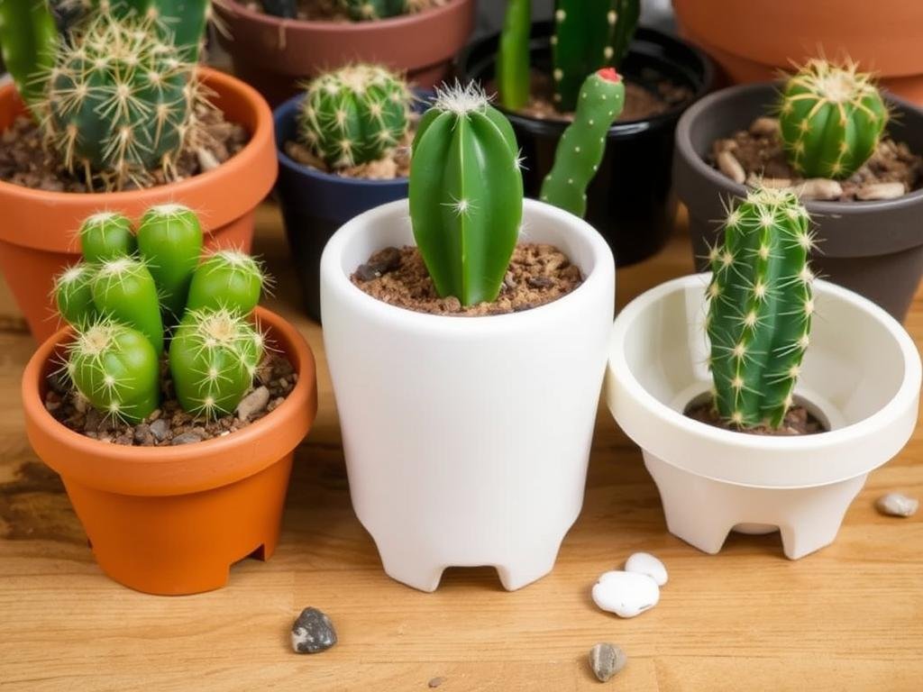 Diferentes tipos de macetas para cactus: terracota, cerámica y plástico con agujeros de drenaje Diferentes tipos de macetas para cactus: terracota, cerámica y plástico con agujeros de drenaje