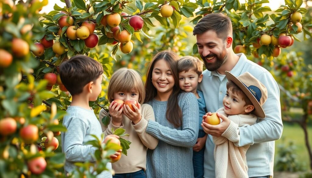 Familia disfrutando de la cosecha de manzanas de su propio árbol Familia disfrutando de la cosecha de manzanas de su propio árbol