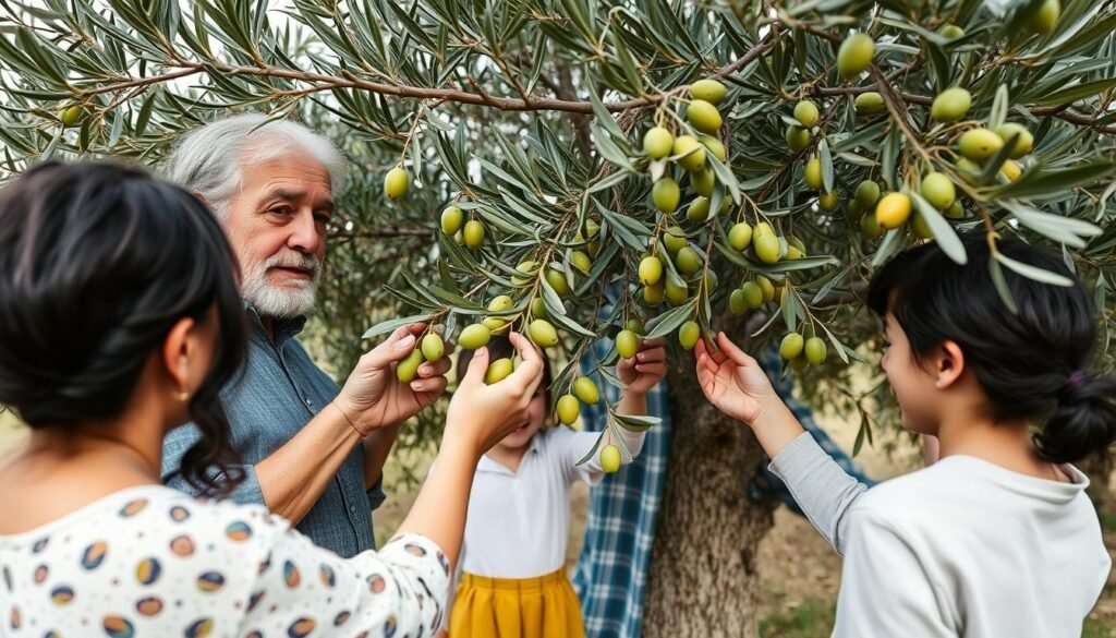Familia recolectando aceitunas de su olivo maduro Familia recolectando aceitunas de su olivo maduro