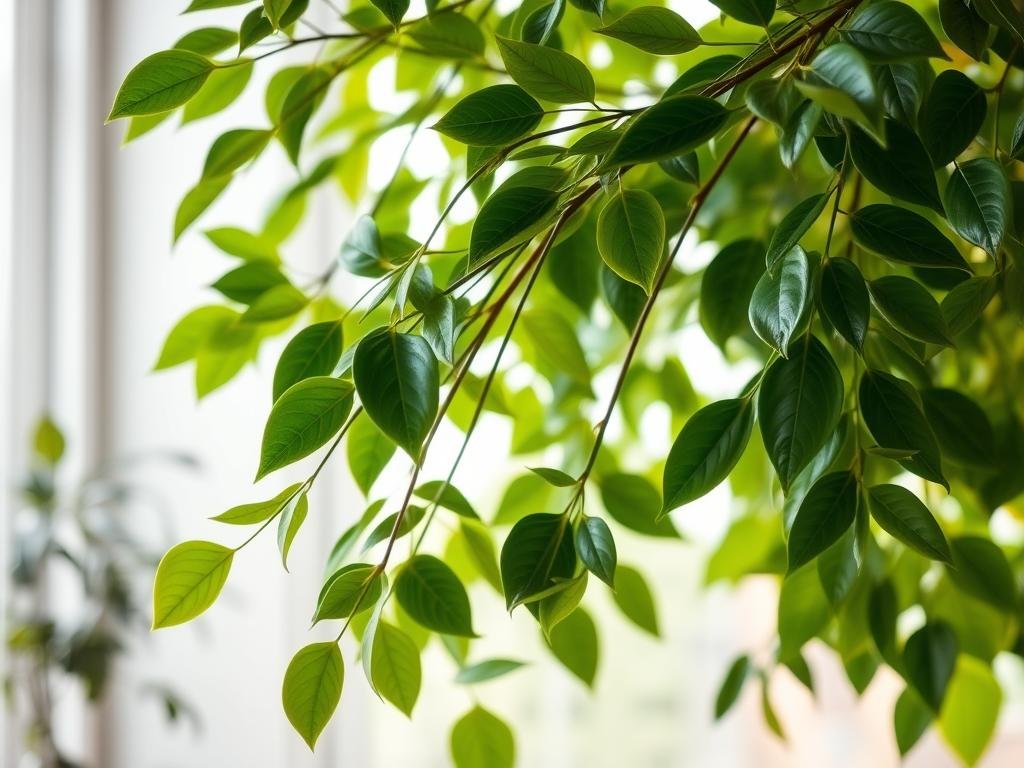 Ficus benjamina con hojas verdes brillantes