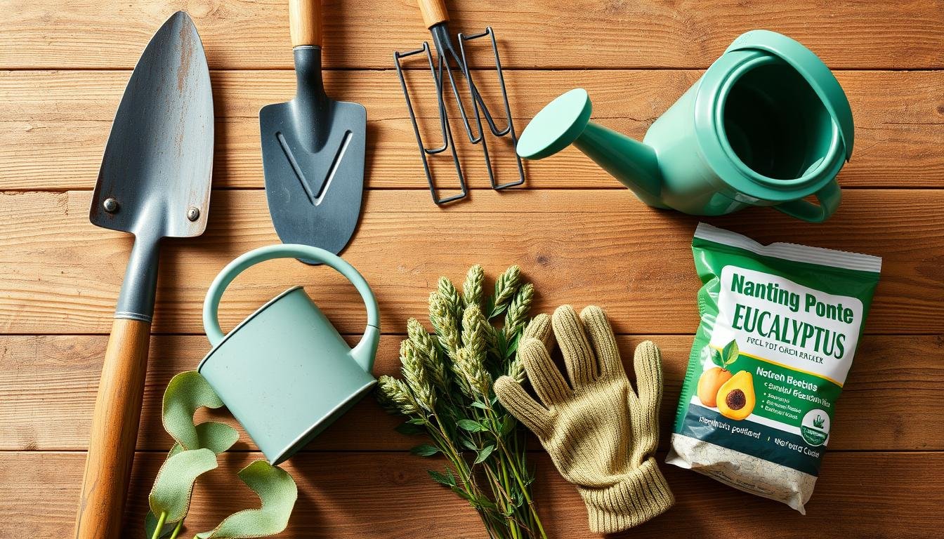 Herramientas para plantar un eucalipto incluyendo pala, rastrillo, regadera y guantes de jardinería