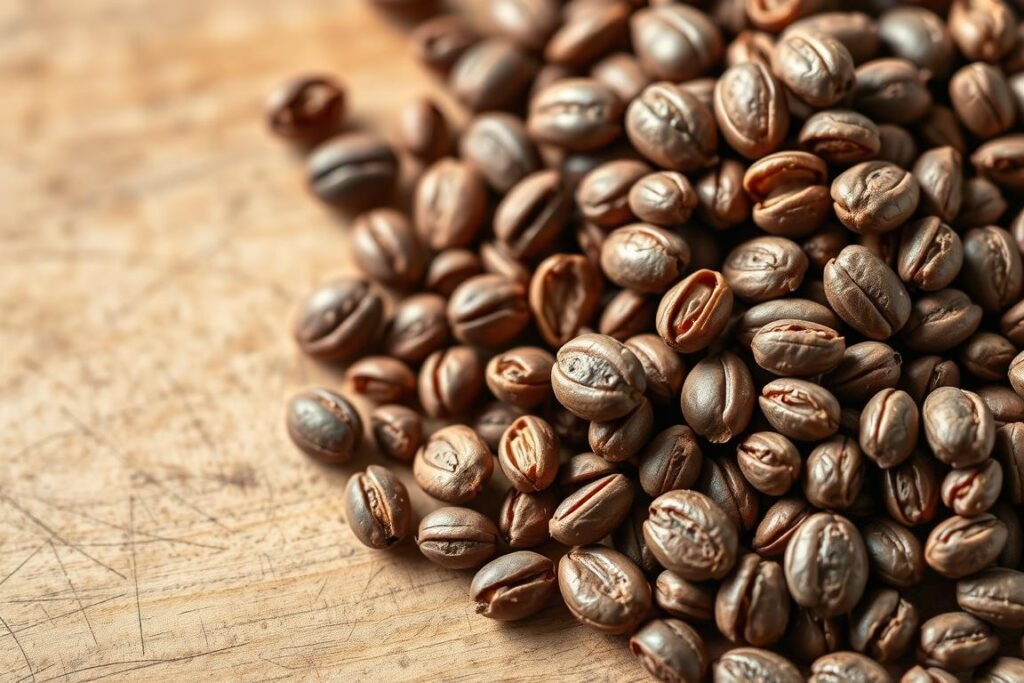 High-resolution macro photograph of grapevine seeds (semillas de uva) on a wooden surface, evenly lit from above with soft natural lighting, showcasing the intricate textures and details of the individual seeds. The seeds are arranged in a visually appealing, organic composition, highlighting their rich brown colors, elegant shapes, and subtle variations. The background is simple and uncluttered, allowing the seeds to be the focal point. The depth of field is shallow, creating a soft, blurred backdrop that emphasizes the three-dimensional form of the seeds. The overall impression is one of close examination and appreciation for the natural beauty of these essential components for growing grapes.