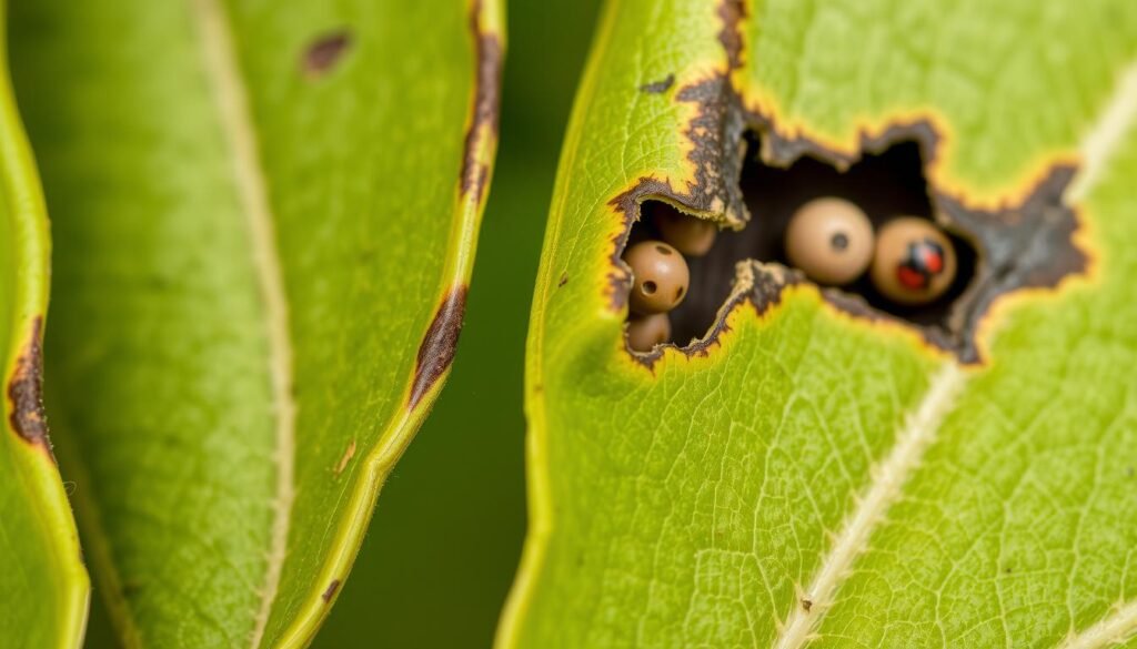 Hoja de eucalipto afectada por plaga de Gonipterus platensis Hoja de eucalipto afectada por plaga de Gonipterus platensis
