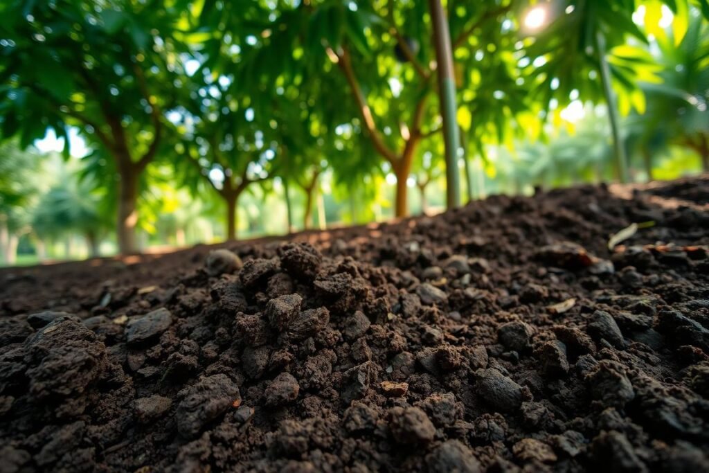 Lush, fertile soil for planting mango trees. A rich, dark brown substrate with a crumbly texture, interspersed with organic matter and nutrients. Sunlight filters through a verdant canopy, casting a warm, dappled glow. The scene conveys an ideal, natural setting for cultivating mangoes, with the soil well-prepared and ready to nurture the young sapling. A close-up, high-angle view showcases the inviting, loamy texture of the planting medium, hinting at the bounty to come.