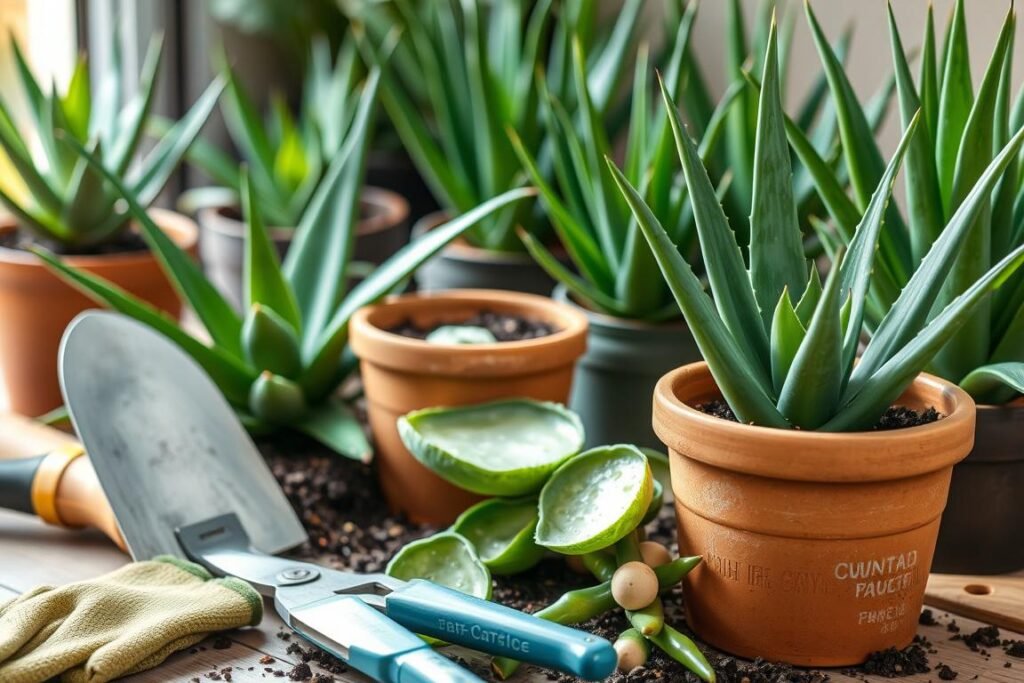 Materials for planting aloe vera, a succulent plant with thick, fleshy leaves and a soothing gel inside. In the foreground, display various gardening tools including trowel, pruning shears, and gloves. In the middle ground, showcase a terracotta pot filled with well-draining potting mix, alongside aloe vera cuttings or offsets ready for planting. In the background, include a selection of additional aloe vera plants in their own pots, creating a lush, green display. Illuminate the scene with soft, natural lighting, conveying a serene, earthy atmosphere suitable for the task of cultivating this versatile, low-maintenance houseplant.