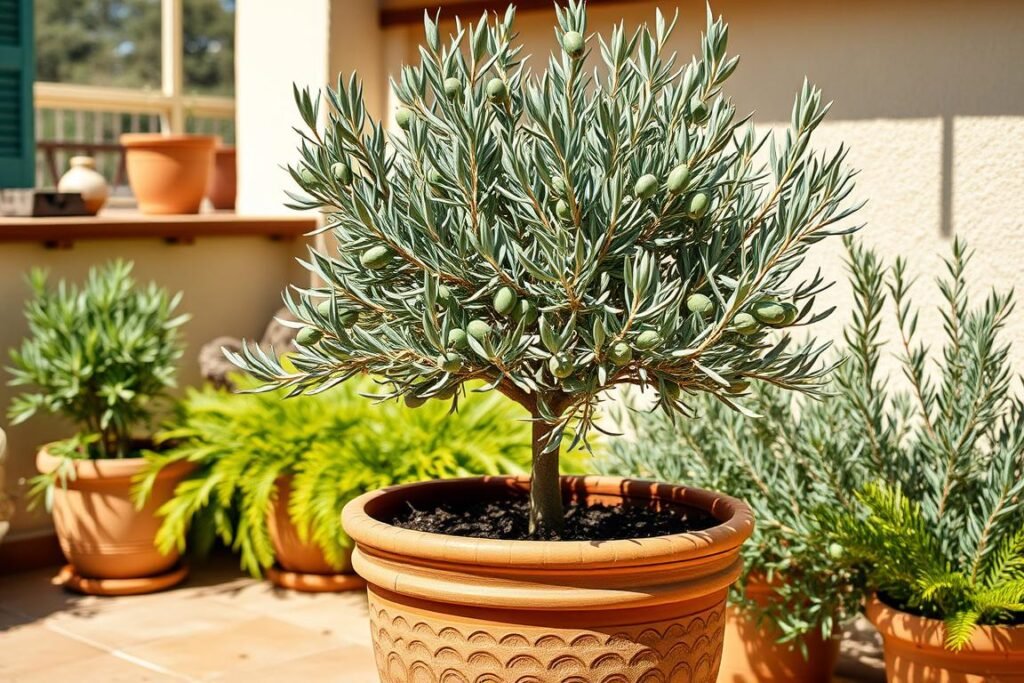 Olivo cultivado en maceta en una terraza Olivo cultivado en maceta en una terraza