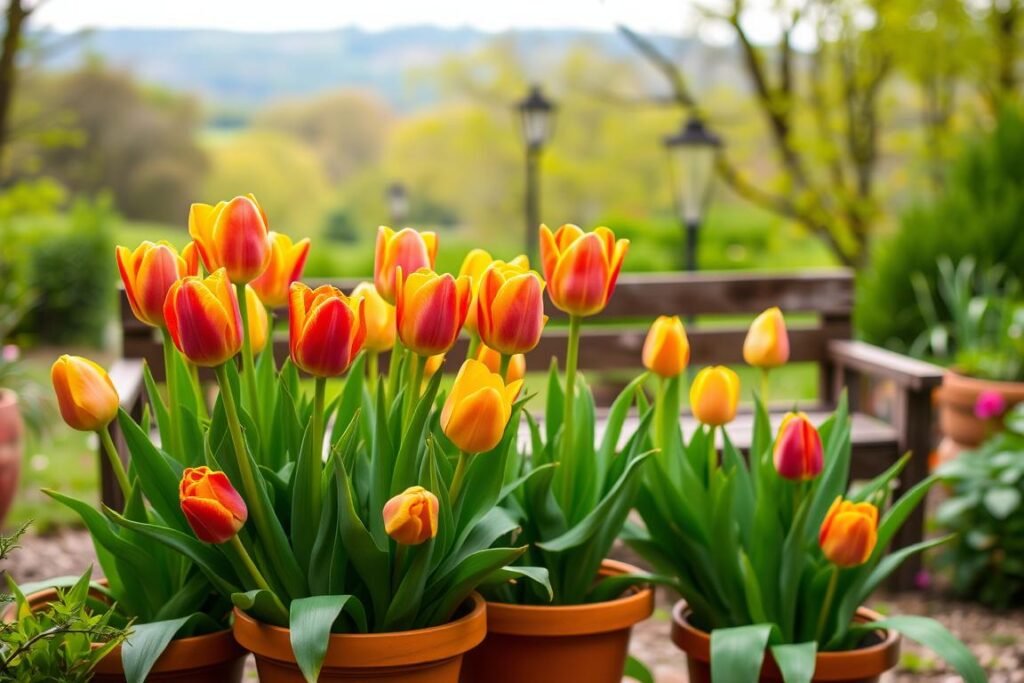 Potted tulips in a lush, natural setting. A vibrant foreground displays a cluster of tulips in full bloom, their petals unfurling in a spectrum of warm hues - red, yellow, and orange. The tulips are nestled in terracotta pots, their earthy tones complementing the verdant foliage surrounding them. In the middle ground, a wooden bench or low table provides a rustic, garden-like backdrop, while the background features a soft, blurred landscape of trees and greenery, creating a sense of depth and tranquility. The lighting is soft and diffused, casting a gentle glow over the scene, highlighting the delicate textures of the tulips and their containers. An overall natural, serene atmosphere pervades the image, inviting the viewer to imagine planting and caring for these beautiful spring flowers.