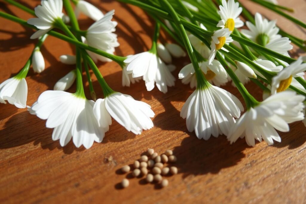 Preparación de semillas de margaritas: A close-up view of a wooden surface, where delicate white daisy petals and green stems are carefully arranged, awaiting the process of sowing. The lighting is soft and natural, casting gentle shadows that accentuate the textures and details of the flower parts. In the foreground, a handful of small, round seeds are scattered, ready to be planted. The overall mood is one of anticipation and attention to the intricate steps involved in growing these beloved flowers from the ground up.
