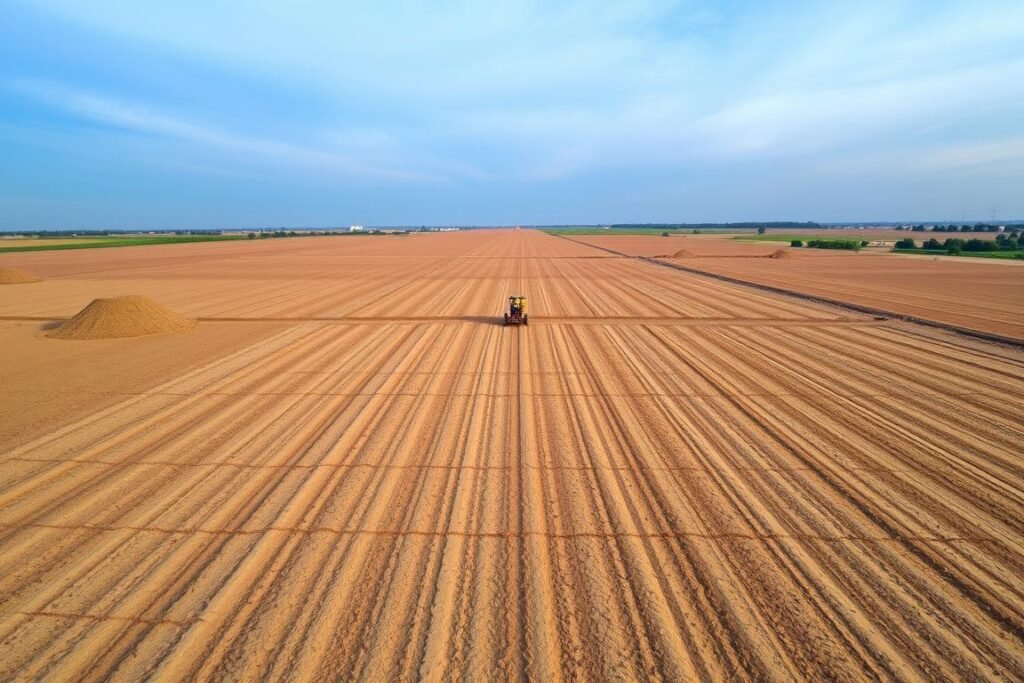 Preparación del suelo para girasoles: una amplia vista aérea de un campo cultivado, con el suelo recién arado y nivelado, listo para la siembra. En el centro, un trabajador con un rastrillo manual alisa y prepara cuidadosamente la tierra, creando surcos uniformes. A los lados, montículos de tierra recién excavada y restos de la vegetación anterior se acumulan, listos para ser incorporados. El cielo está ligeramente nublado, con una iluminación suave y difusa que acentúa los detalles texturales del suelo. La escena transmite un sentido de orden, preparación y anticipación de la futura cosecha de girasoles.