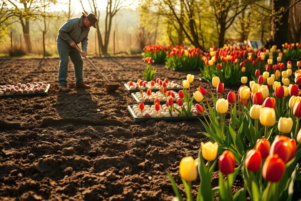 Preparación del suelo para tulipanes: una escena bucólica con flores vibrantes. En primer plano, un jardinero arrodillado, volteando la tierra fértil con una azada. En el plano medio, hileras ordenadas de bulbos de tulipán, esperando a ser plantados. Al fondo, un jardín rebosante de colores, con tulipanes en plena floración bajo la luz cálida y difusa de una tarde soleada. Atención a los detalles texturales: la tierra suelta y esponjosa, las hojas verdes brillantes, los tallos florales gráciles. Una composición equilibrada, que transmite una sensación de armonía y laboriosa preparación para la temporada de tulipanes.