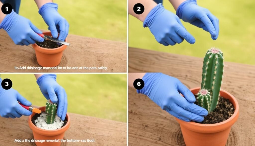Proceso de plantación de un cactus mostrando las manos con guantes manipulando el cactus Proceso de plantación de un cactus mostrando las manos con guantes manipulando el cactus