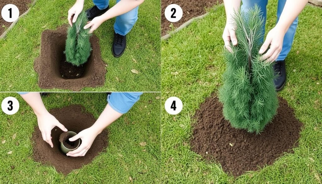 Proceso de plantación de un ciprés mostrando los pasos principales