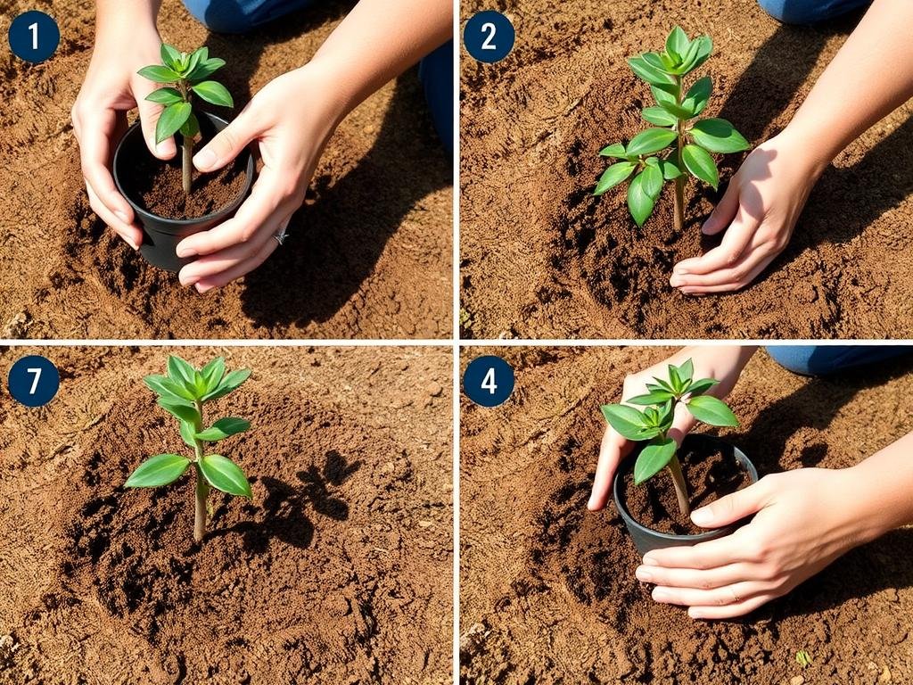 Proceso de plantación de un eucalipto, colocando la plántula en el hoyo Proceso de plantación de un eucalipto, colocando la plántula en el hoyo