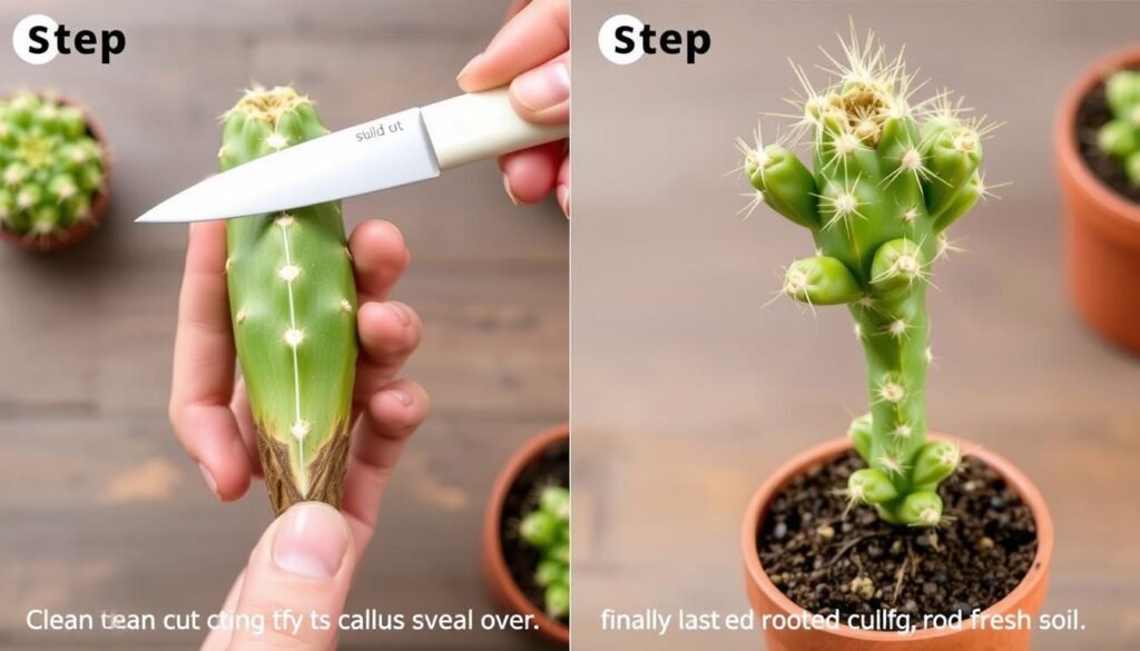 Proceso de propagación de cactus mediante esquejes, mostrando el corte, secado y enraizamiento Proceso de propagación de cactus mediante esquejes, mostrando el corte, secado y enraizamiento