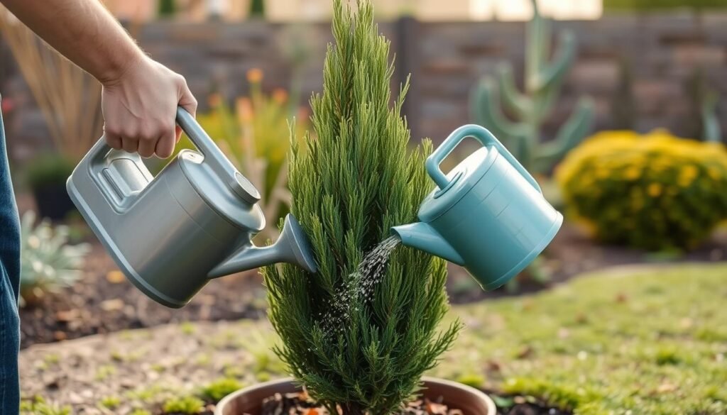 Riego moderado de un ciprés recién plantado