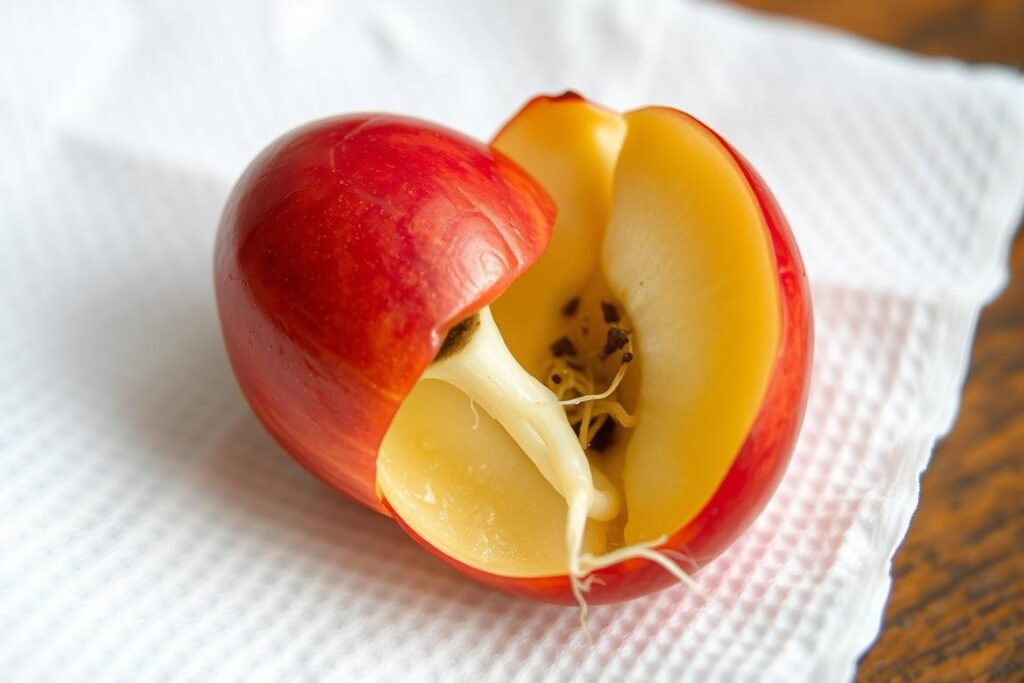 Semillas de manzana germinando en papel húmedo Semillas de manzana germinando en papel húmedo